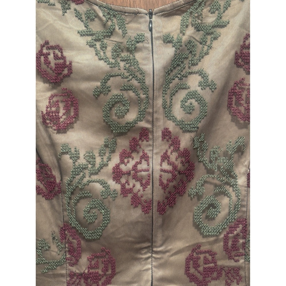 Sundance Women Size 14 Embroidered Tulle Midi Dress Champagne Burgundy Floral - Picture 4 of 7